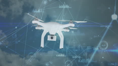 animation of drone flying over data processing and network of connections