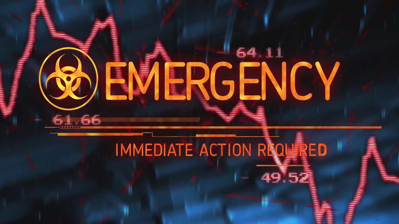 Emergency alert graphic displaying glowing orange text and biohazard symbol on glitchy HUD