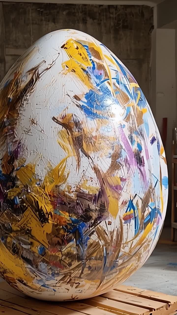 Ein prächtiges Kunstwerk: Eine lebendige, abstrakte Eierskulptur, die kräftige Farben und dynamische Pinselstriche in einer zeitgenössischen Atelierumgebung zeigt.