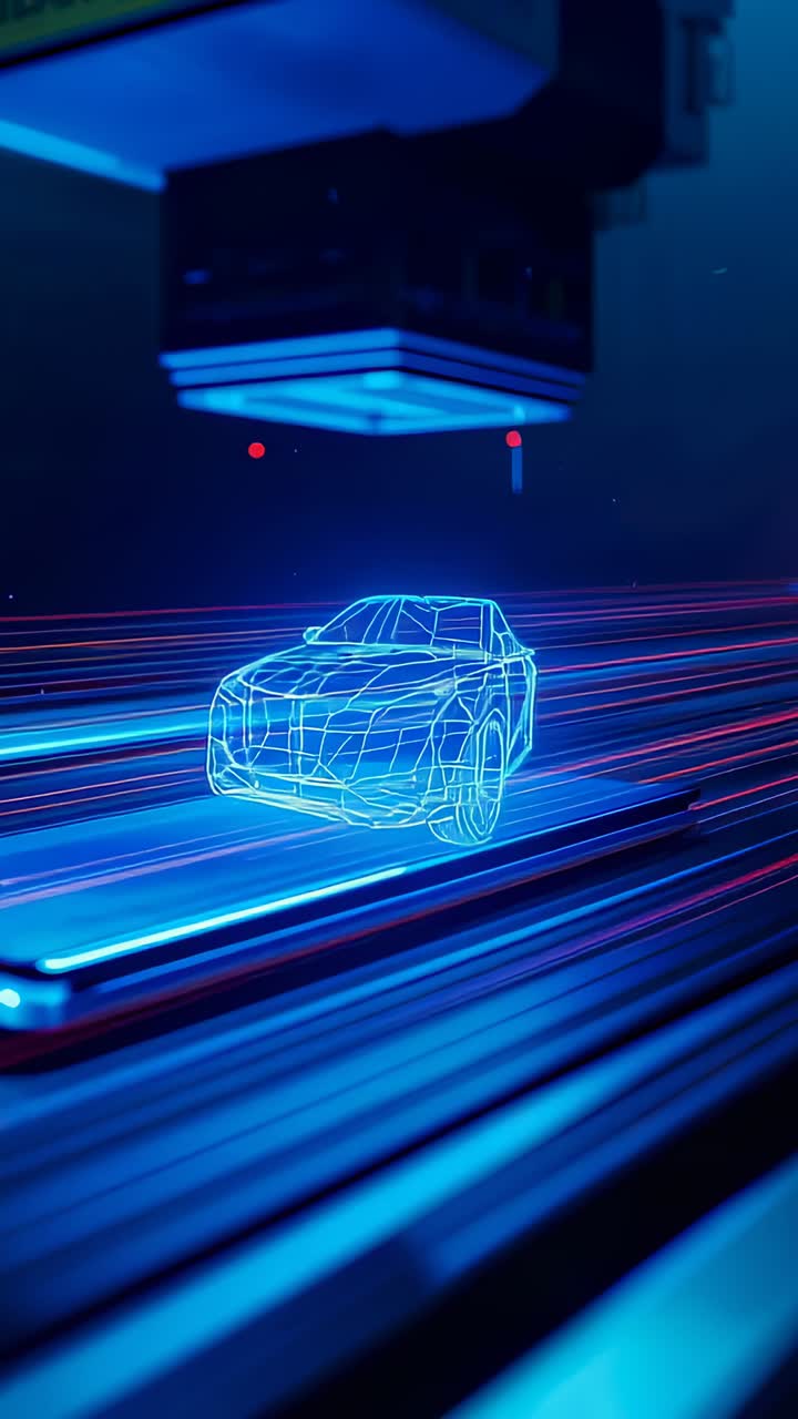 Vertical video: Powering overhead head projecting blue wireframe car hovering above rails lab demo