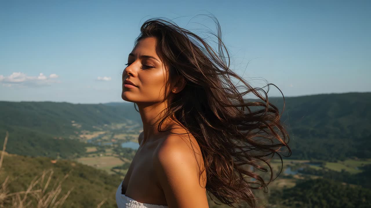 Tilting adult woman breathing, holding eyes closed on hillside, wind lifting hair, strapless top