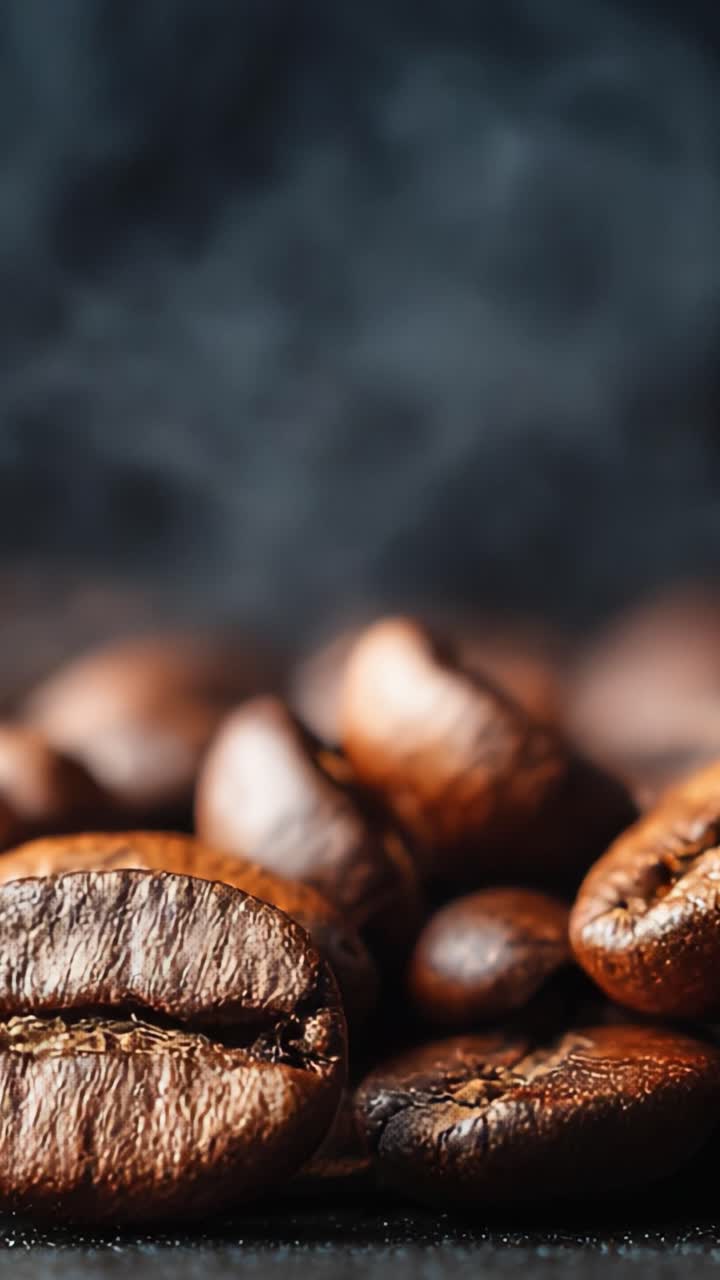 Aromatiske Kaffebønner i Nærbillede: Fængslende Billeder af Friskristede Bønner, der Afslører Deres Rige Tekstur og Indbydende Aroma