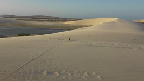 drone shot of a biker cruising through sand dunes in brazil