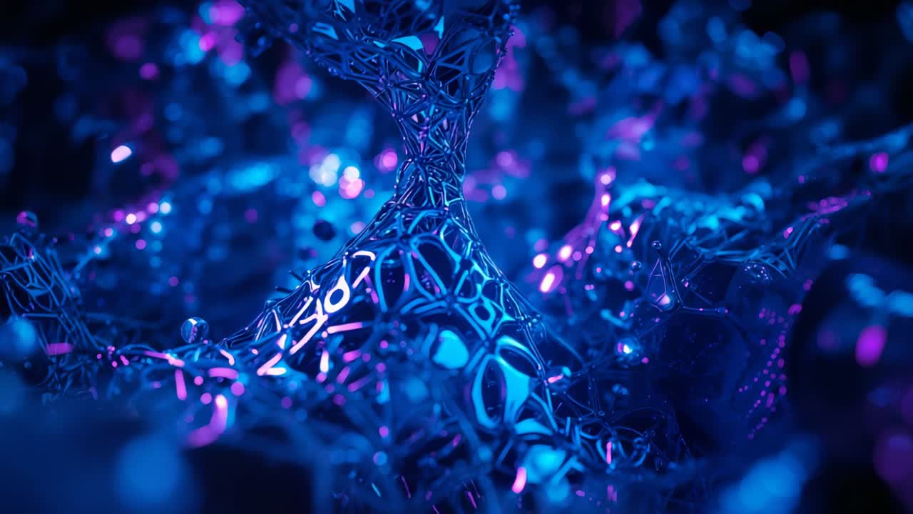 Pulling back camera revealing twisted organic lattice in dark void, emphasizing pulsing neon nodes