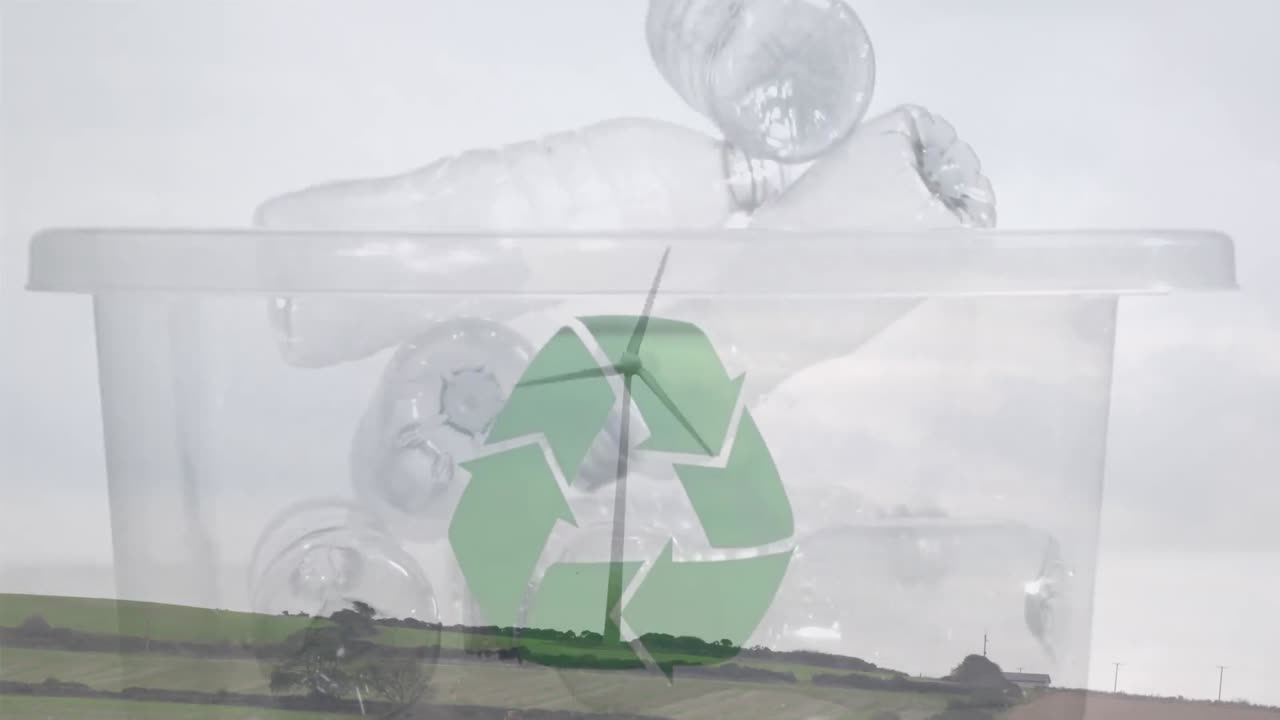 플라스틱 병 과 풍력 터빈 을 가진 상자 위 에 있는 녹색 재활용 표지판 의 애니메이션