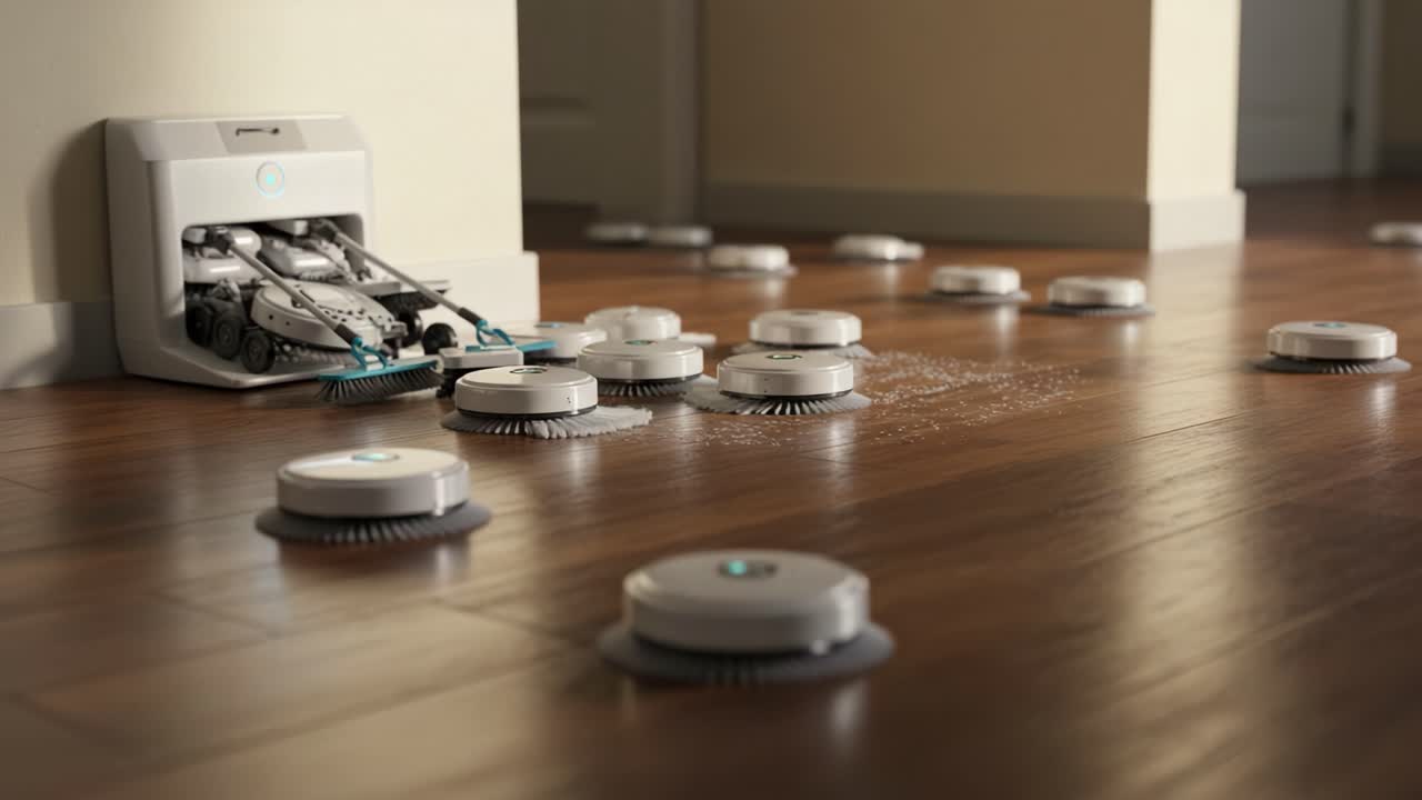 Automated Cleaning Devices in Action: A Series of Robotic Mops and Their Docking Station on a Gleaming Hardwood Floor, Demonstrating Modern Home Cleaning Technology