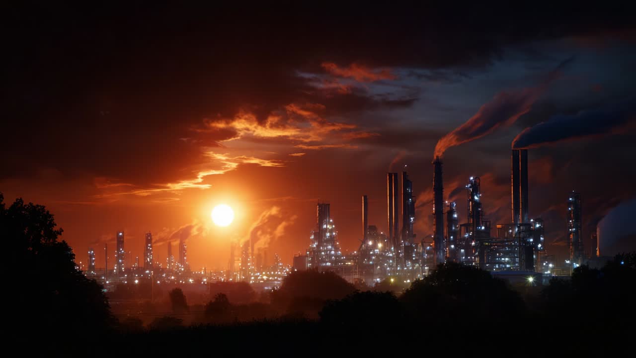 해가 지는 동안의 산업 시설