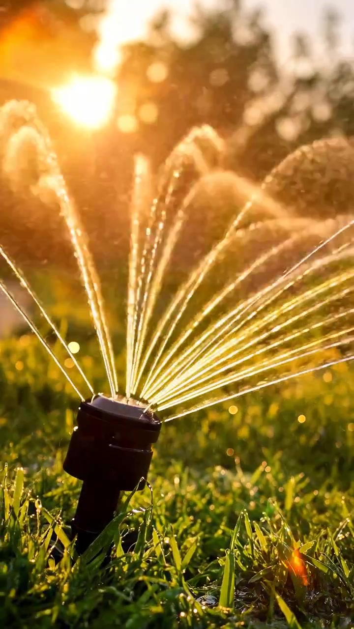 Irrigatore oscillante per prato emette getti curvi e goccioline sottili attraverso il prato verde fresco nella calda retroilluminazione dell'ora d'oro, creando luccichio, nebbia e un vivace movimento estivo all'aperto
