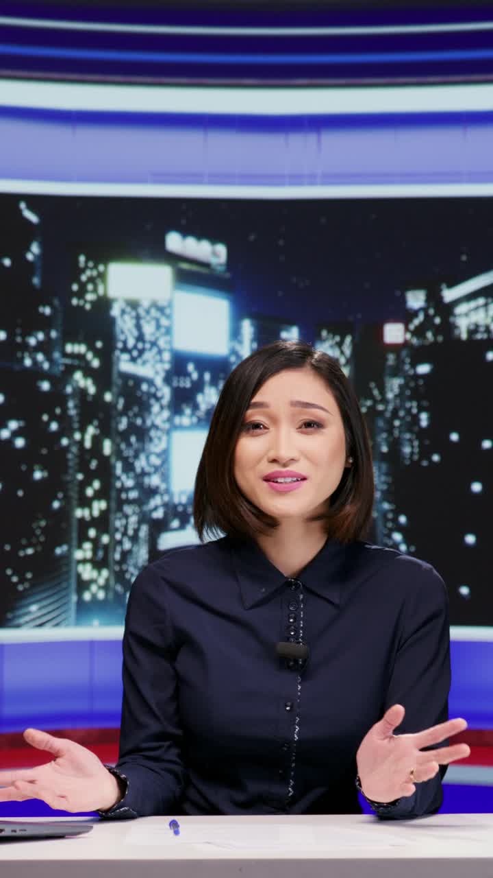 Vertical video Media broadcaster hosting talk show late