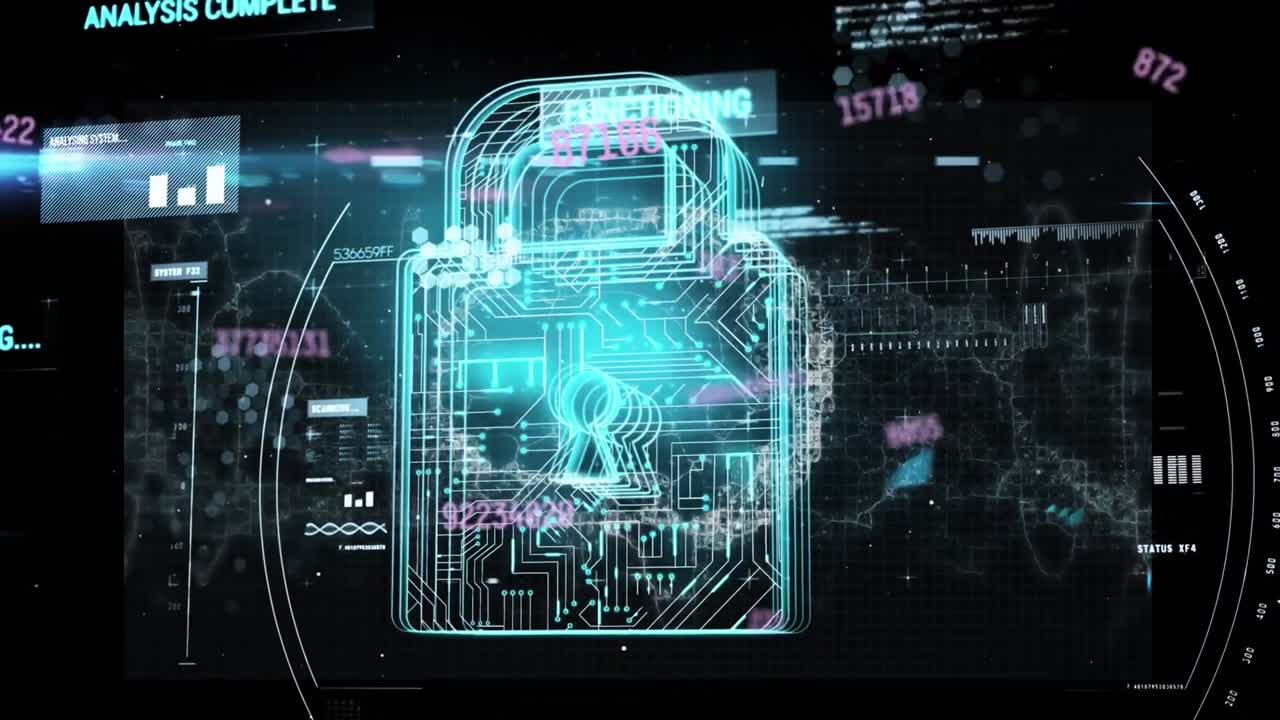 Animation of human brain, online security padlock and data processing on circuit board