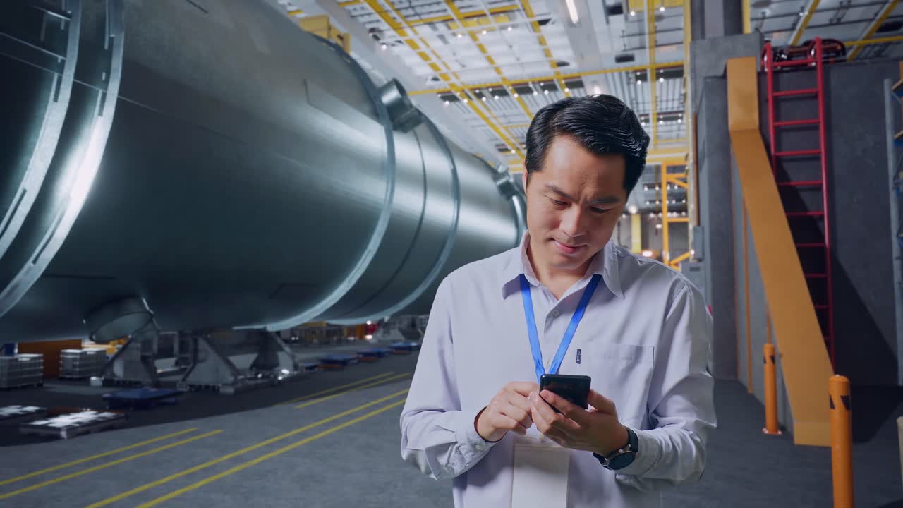 Engenheiro usando um smartphone em uma fábrica.