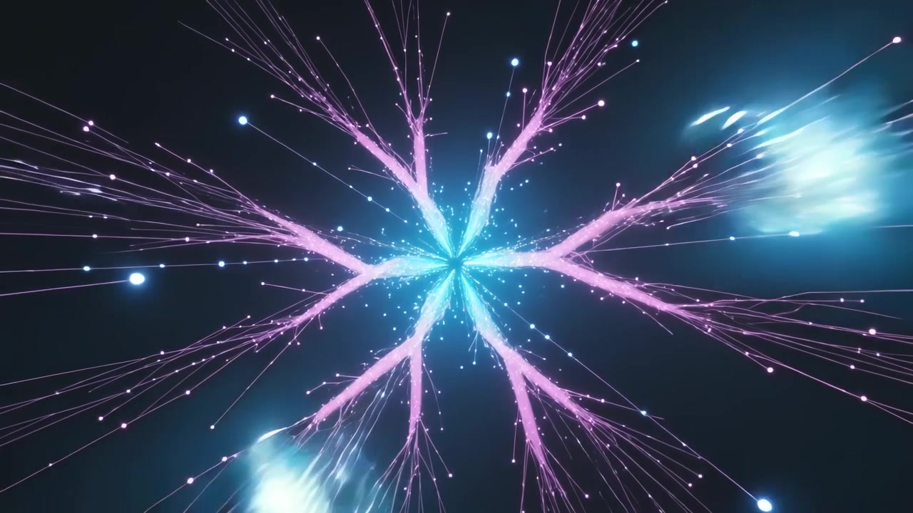 Pulsing central core, eight pink arms firing in dark void, cyan cloud entering right causing bursts