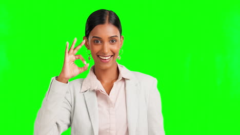 Happy-woman,-face-or-ok-hands-on-green-screen