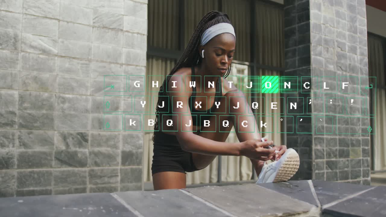 Animation of data processing over african american woman fixing shoe laces during city run
