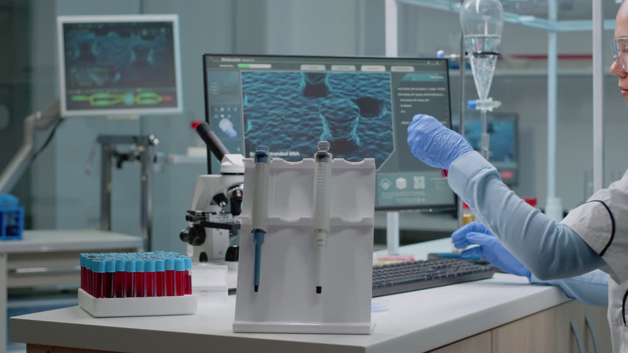 Scientist working in a lab with blood samples and DNA research