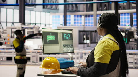 vertical video smart factory specialist using headset mic to communicate insights to engineers