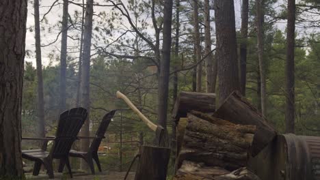 chopping wood area with logs, an axe, and chairs in a forest, creating a rustic outdoor scene