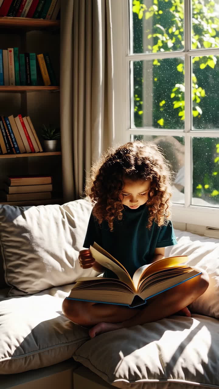 Young girl reading a book by a sunlit window