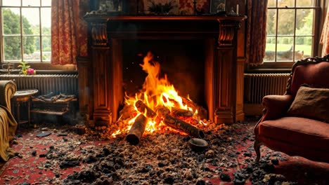 a living room filled with furniture and a fire