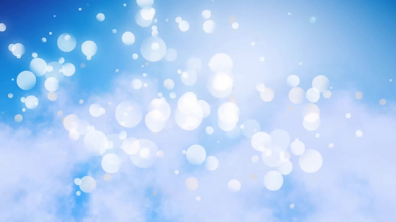 파란색 바탕에 구름 위에 있는 빛의 반점들의 애니메이션