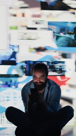 vertical video stressed individual obsessively overuses his mobile phone social apps