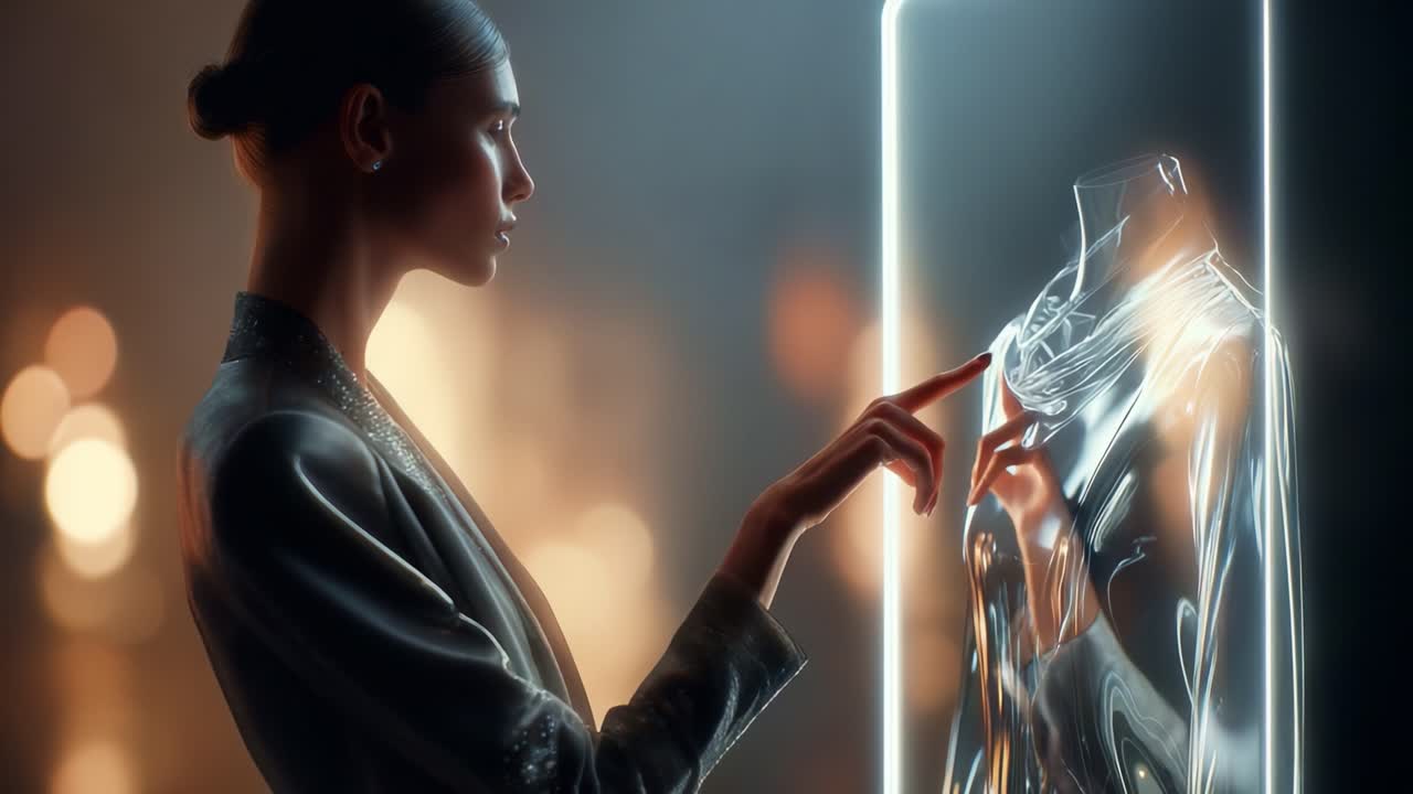 A captivating exploration of fashion and design: a model interacts gracefully with a futuristic transparent garment, blending light, texture, and elegance in a stunning visual narrative