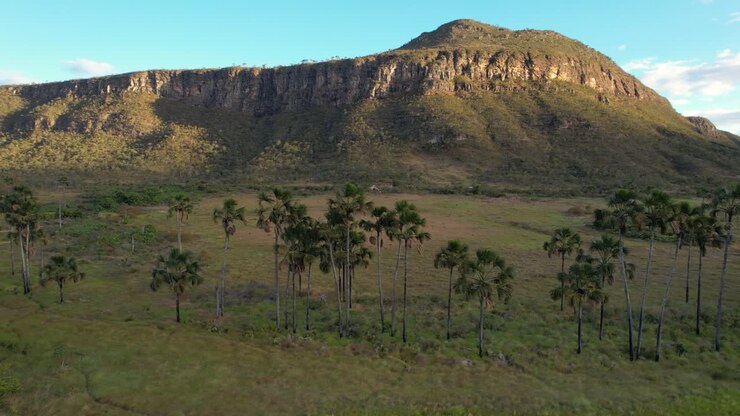 Giardino Maytrea e Morro da Baleia, vista aerea panoramica con drone Jardim de Maytrea, campi verdi, montagne, tramonto, Chapada dos Veadeiros, Goiás, Alto Paraíso