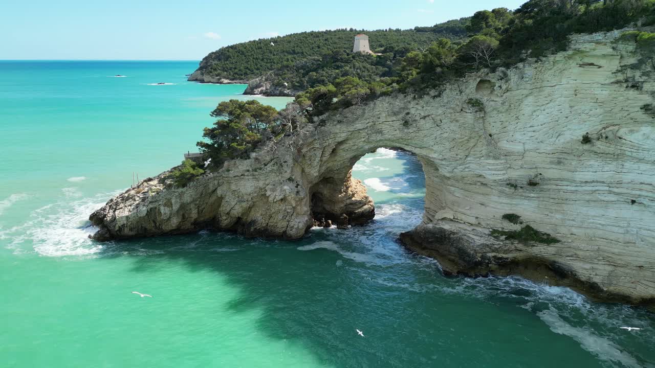 Stunning 4K drone footage of a natural sea arch, limestone cliffs, and turquoise waters along the Gargano coast in Puglia, Italy