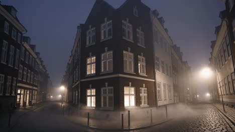 low fog creeping down a narrow cobblestone street at night, between old colorful buildings with illuminated windows in copenhagen, creating a mysterious and atmospheric urban landscape