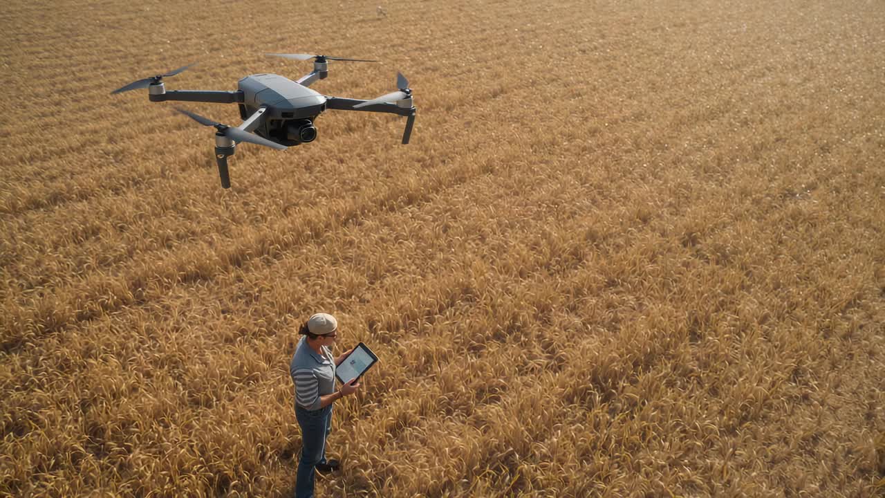 Walking operator in cap and sunglasses, tapping tablet, guiding drone scanning crop in wheat field
