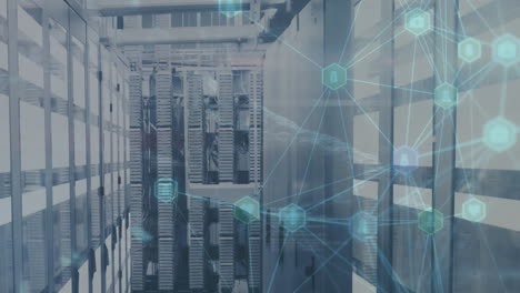 animation of spinning globe of medical icons and light trails against computer server room