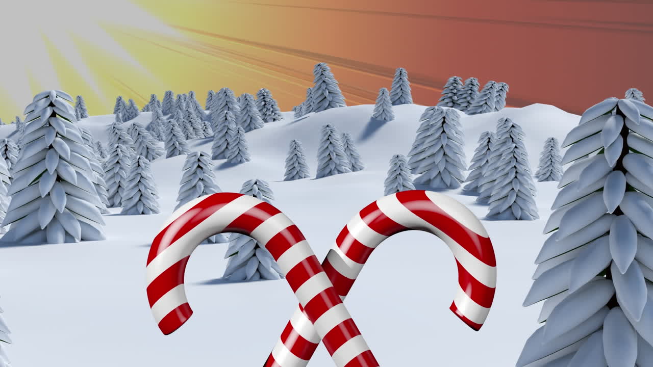 Animation of candy canes over night winter landscape