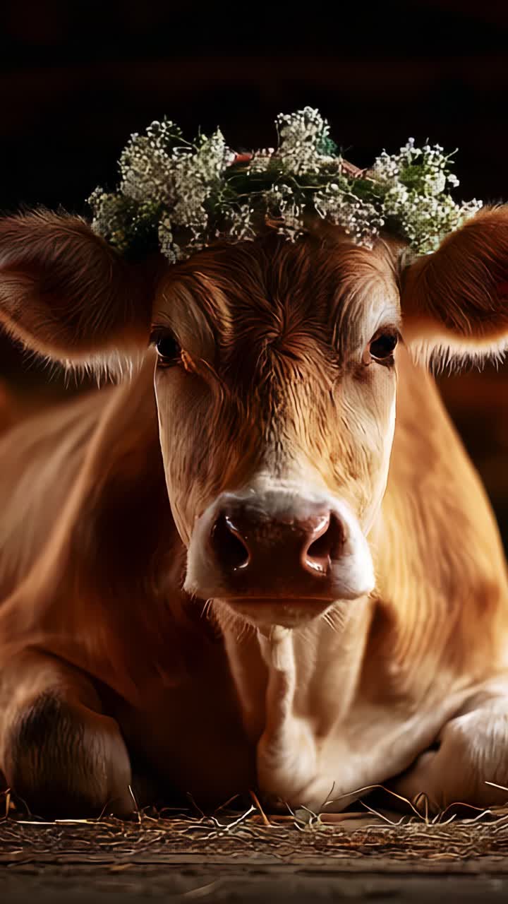 Elegante mucca marrone con corona di fiori che riposa in un ambiente sereno, trasmettendo calma e fascino, perfettamente inquadrata per immagini di apprezzamento degli animali