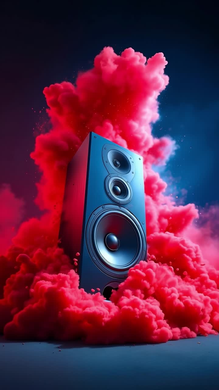 A speaker in the clouds with red smoke coming out of it