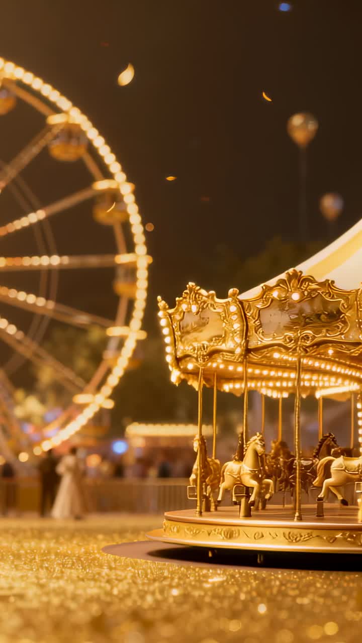 Vertical video: Framing gold carousel rotating at night, Ferris wheel lit, coats and confetti fall