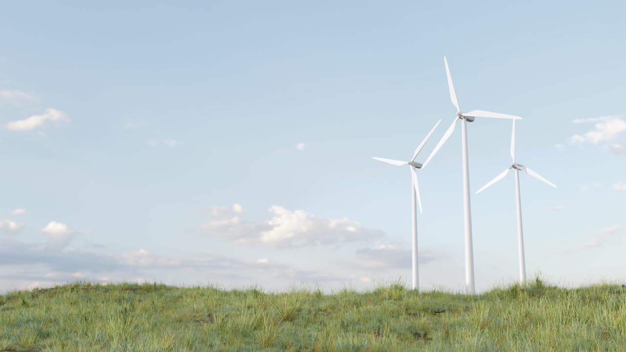 several wind turbines on a green field. 3D animation loop