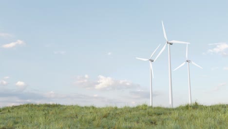 several wind turbines on a green field. 3d animation loop