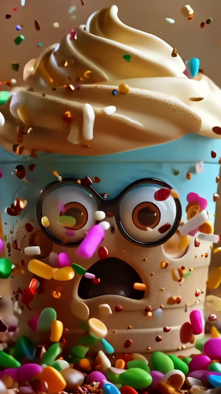 A cartoon character with a cup of ice cream with sprinkles on top. The sprinkles are falling out of the cup and onto the ground