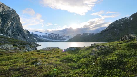 scenic norwegian mountain lake at sunrise/sunset