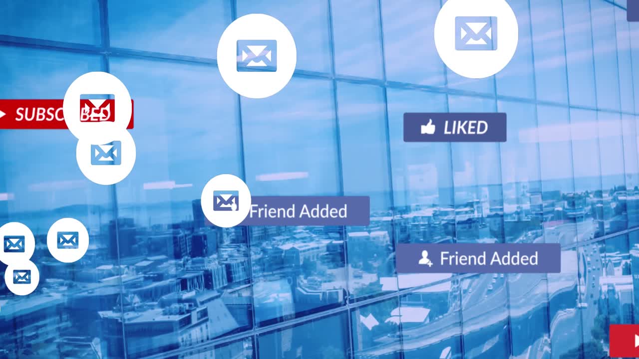 도시 풍경 위에 떨어지는 소셜 미디어 아이콘과 이모티콘의 애니메이션