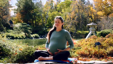 pregnant woman doing yoga pose in beautiful botanical garden in montreal