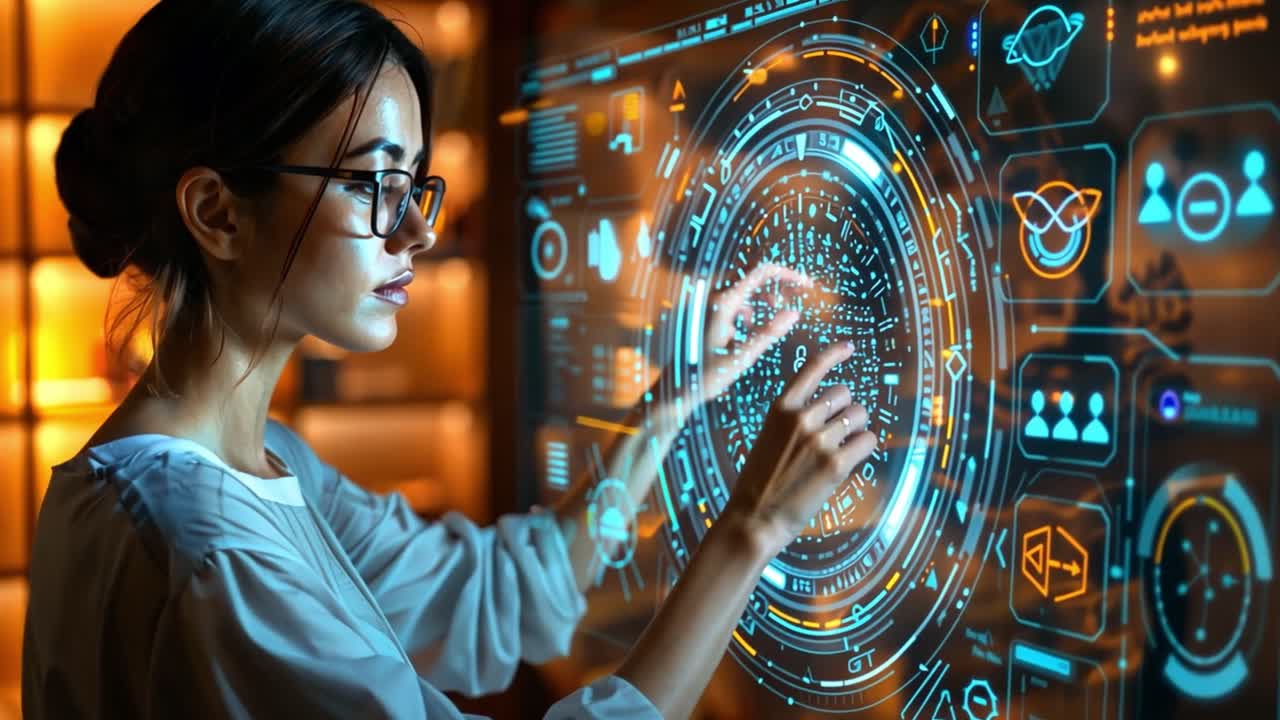 A woman interacting with a futuristic holographic user interface