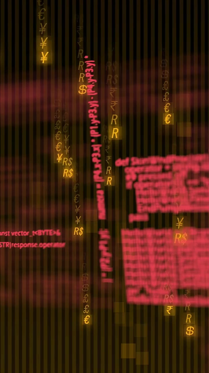Vertical video: Opening animation with pink code shifting, golden cash symbols falling for finance