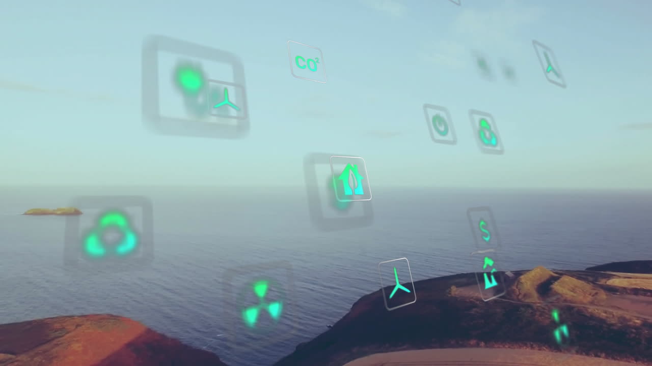 Floating green environmental icons showing wind turbine, recycling, CO?, house over calm sea bluff