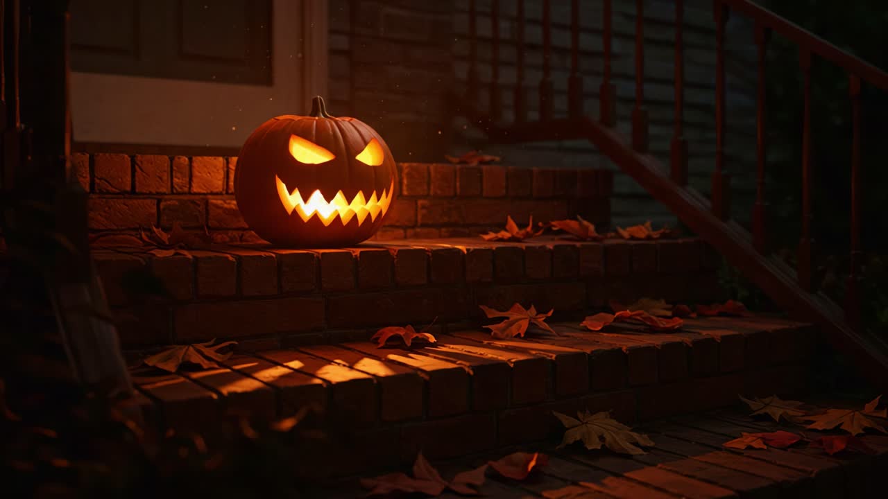 Una Jack-o'-Lantern Inquietantemente Bella Illumina i Gradini, Circondata da Foglie Autunnali, Creando la Scena Perfetta per una Spaventosa Notte di Halloween