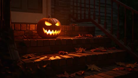 a hauntingly beautiful jack-o'-lantern illuminates the steps, surrounded by autumn leaves, setting the perfect scene for a spooky halloween night