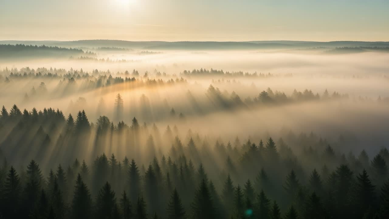 Sun Rays Piercing Through Misty Forest at Sunrise