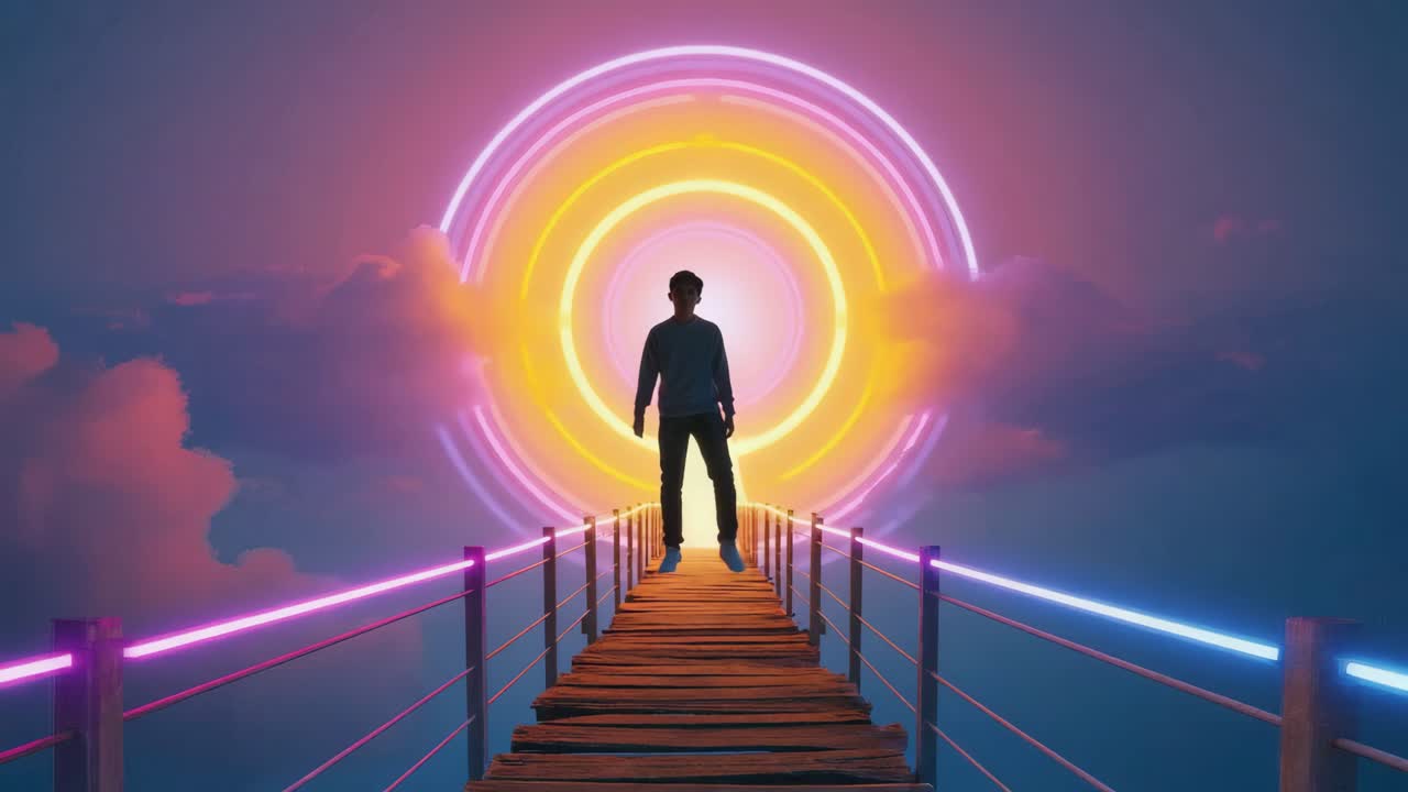 Man Walking on Neon Bridge to Portal