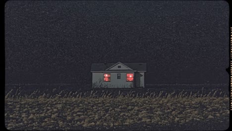 glowing windows of an isolated house in a dark night illuminating a field, creating a mysterious and eerie atmosphere with a vintage film aesthetic