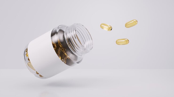 Golden fish oil capsule, 3d rendering.